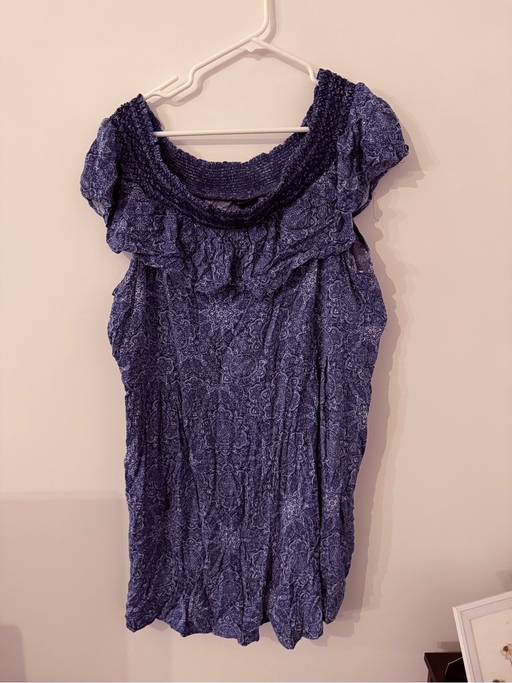 Torrid Blue/White Paisley Off Shoulder Smocked Ruffle Mini Dress Plus Size 3XL